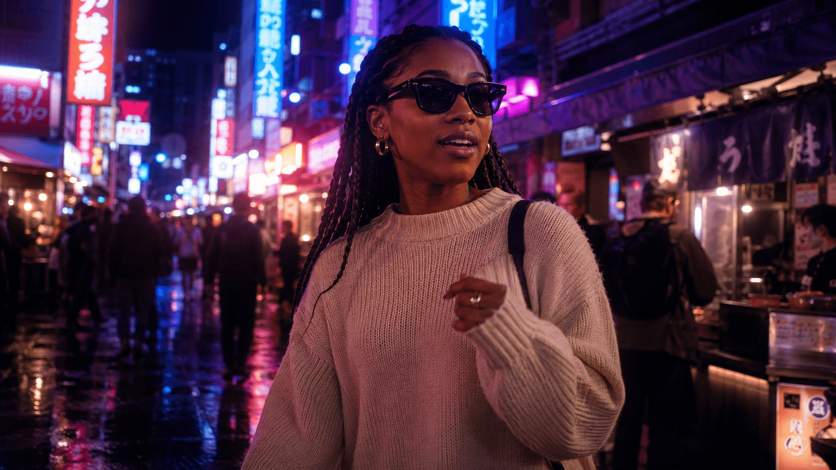 A streamer walking through neon-lit Tokyo streets at night, wearing smart glasses.