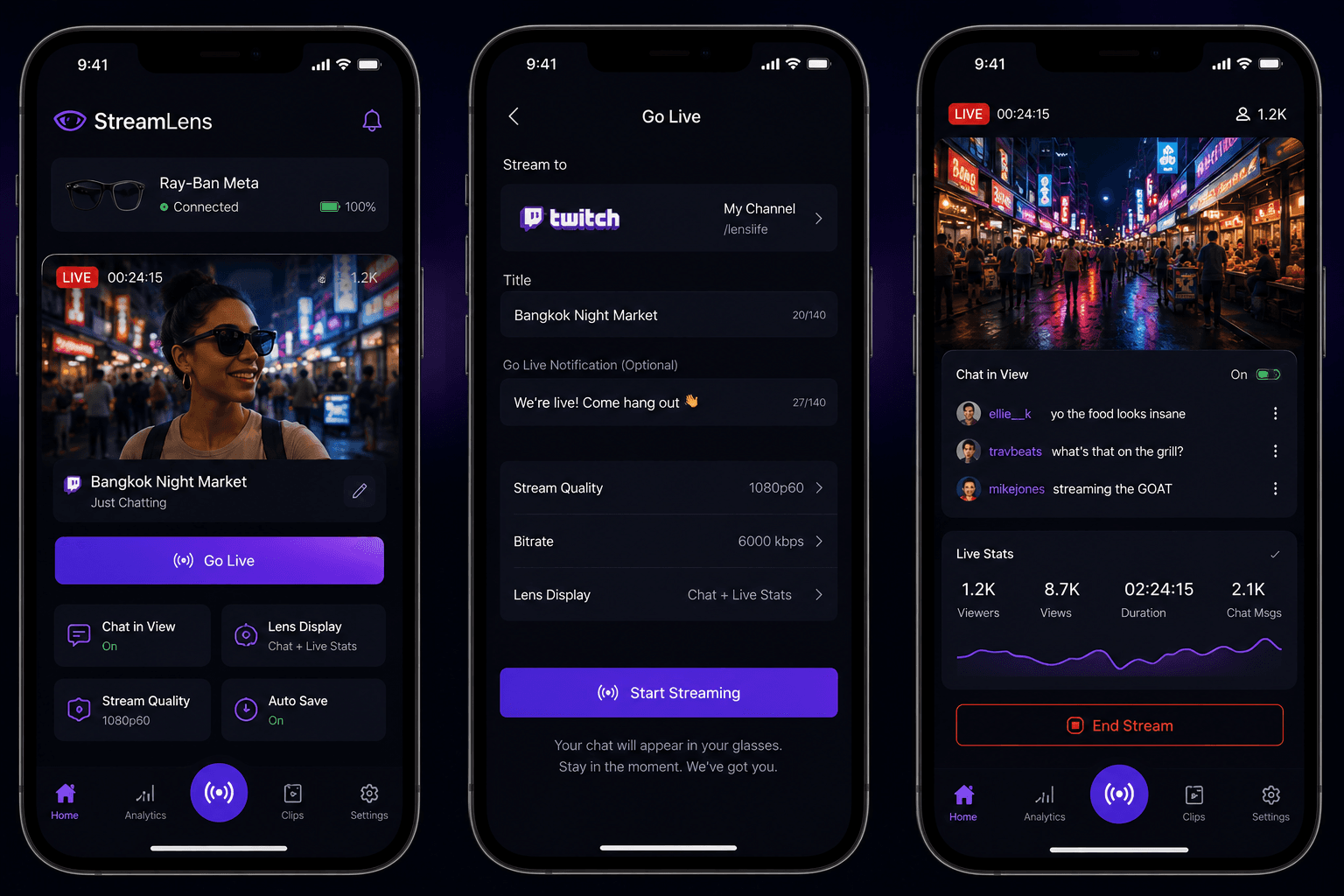 Three phones showing the StreamLens app: device pairing, multistream destination picker, and live broadcast view.